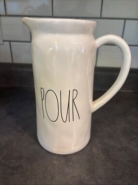 Rae Dunn White Ceramic Pitcher with Black 'POUR' Lettering